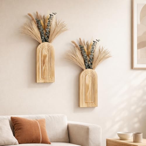 Wooden Wall Vase Set of 2 with Dried Pampas Grass & Eucalyptus – Boho Farmhouse Wall Decor for Living Room, Bathroom, Entryway or Hallway, Rustic Modern Wooden Wall Art