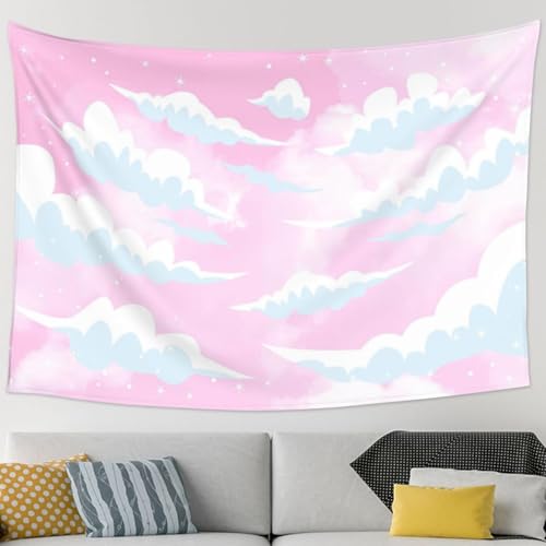 Keiutexe Pink Cloud Aesthetic Tapestry 60" X 40" Cute White Heaven Sky Wall Hanging Party Decorations Home Decor For Bedroom Living Room Dorm (150 X 100cm) - color: Pink Sky, size: 60 X 40 Inch