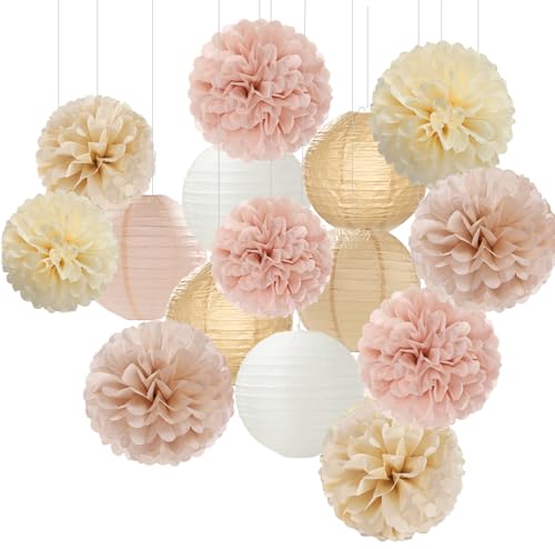 Champagne-Gold White Party-Decorations Paper-Flowers Lanterns - 15PCS Boho Fall Rustic Tissue Pom Poms Streamers,Wedding Baby Bridal Shower Neutral Autumn Birthday Hanging Supplies Decor Hugfond - color: Khaki Champagne