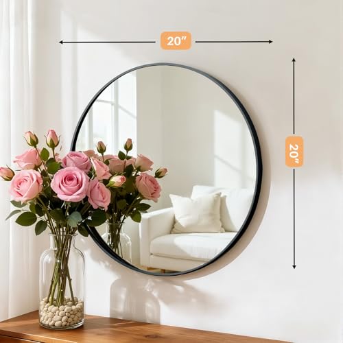 Bathroom Mirror for Wall, 20 Inch Round Mirror, Matte Black Metal Framed Circle Vanity Mirrors for Bathroom Bedroom Living Room Entryway, Anti-Rust, Tempered Glass, Hanging or Leaning - color: Matte Black, size: 20"L x 20"W, style: Round