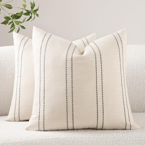 Decorative Throw Pillow Covers 18x18 Inch Set of 2 Linen Striped Accent Neutral Beige Farmhouse Boho Square Cushion Covers for Couch Sofa Bed Living Room Modern Home Decor, Grey - color: Grey, size: 18" x 18" (Pack of 2)