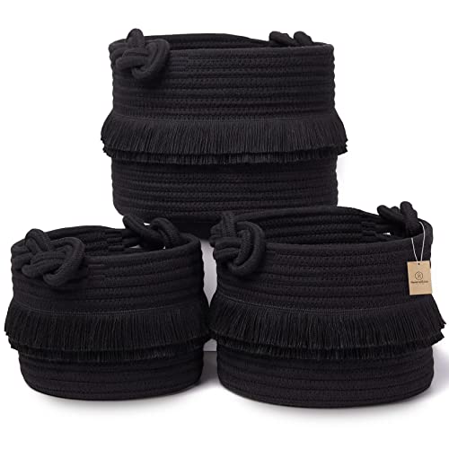 NaturalCozy 3-Piece Decorative Storage Basket Set – Black Cotton Rope Small Woven Baskets for Organizing for Nursery Baby Stuff, Gift, Vanity, Montessori, Dog Cat Toy Bin, Planter, Bathroom Shelves - color: Black