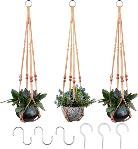 RIFNY Macrame Plant Hanger for 5 to 10 Inch Plant Pots, 35 Inch Woven Rope Hanger Kits with Hooks and Wood Beads, Hanging Planter Basket for Indoor Boho Home Decor (Brown, 3 Pack) - color: Brown, size: 35 Inch 3 Pack