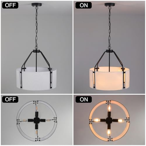 Drum Chandeliers, 18'' Drum Pendant Light Fixture with White Linen Fabric Shade, White Chandelier Adjustable Modern Farmhouse Hanging Lights for Dining Room Bedroom Kitchen Foyer Entryway - color: 18Inch White&Black