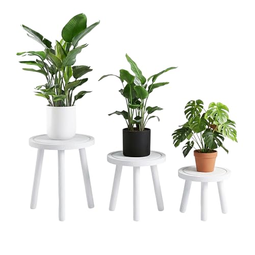 Amdermi 3-Pack Wood Plant Stands Indoor, Single Plant Stand for 6-12 Inch Pots, Mid-Century Modern Plant Stool, Tall Plant Stand for Large Plants for Living Room, Balcony, Office (White) - color: White