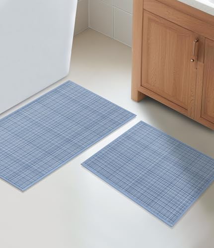 YIHOUSE Bathroom Rugs Sets 2 Pieces, Blue Ultra Thin Bath Mats Fit Under Door, Absorbent Quickly Dry Rubber Backing Braided Bath Mat Set, Non Slip Washable Bath Rugs for Bathroom Floor, Blue - color: Blue Multi, size: 2pieces