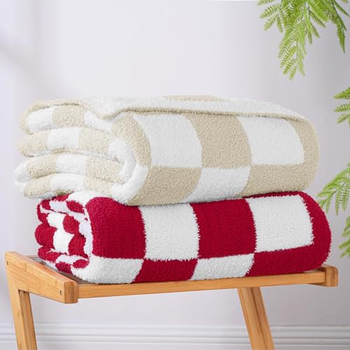 Exclusivo Mezcla Checkered Twin Size Knit Blanket for Bed, Ultra Soft and Warm Reversible Woven Blankets, Cozy Snuggly Throw for Couch Bed and Home Decor, Khaki, 60"x80" - color: Khaki, size: Twin (60"x80")