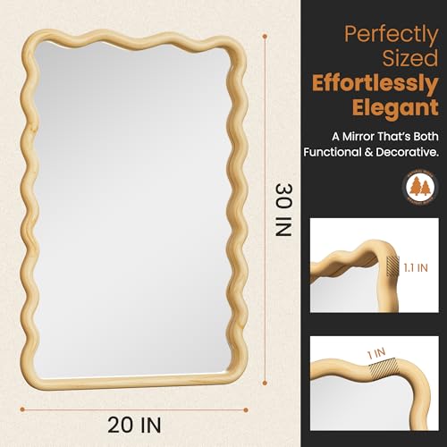 Bathroom Mirror for Wall, 20"x30" Boho Wavy Wood Mirror Large Full Length Decorative Mirror with Tempered Glass, Natural Wooden Frame Vanity Mirror for Bedroom, Living Room, Entryway - color: Natural a, size: 30"L x 20"W