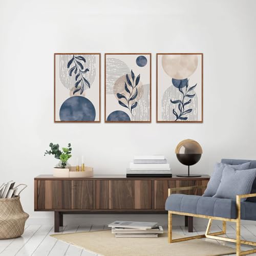 KAIRNE Boho Plant Wall Art Set of 3,Blue Bohemain Framed Canvas,Abstract Geometric Line Wall Painting,Modern Nature Prints,Botanical and Moon Wall Art for Living Room Bedroom Office - 3Pieces,16”X24” - color: Blue and White Wall Art, size: 16"Lx24"W