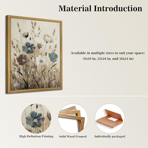 Yaneiro Wood Framed Vintage Wildflower Wall Art, Boho Canvas Wall Decor Paintings, Sage Flower Bathroom Decor, Countryside Farmhouse Landscape Posters Print for Bedroom Hallway Living Room 12x16 Inch - color: Gray Wildflowers, size: 16"L x 12"W