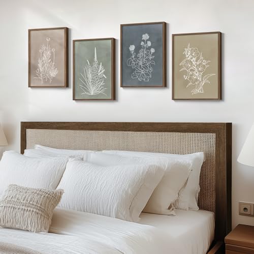 Framed Boho Botanical Wall Art for Bedroom, 4 Piece Vintage Neutral Floral Canvas Painting Prints, Minimalist Rustic Flower Pictures for Farmhouse Living Room Kitchen Dining Room Wall Decor, 11x14 In - color: Simple - Walnut Framed, size: 11" W x 14" H x