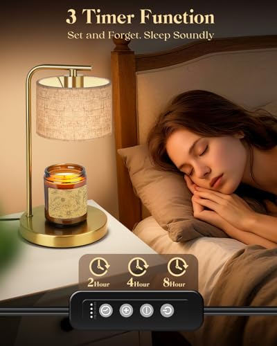 Candle Warmer Lamp with Timer Dimmer, Candle Lamp Warmer with Linen Shade - Birthday House Warming Gift for Women Mom Her - New Home Decor for Bedroom with 2 Bulbs (Gold) - color: Gold