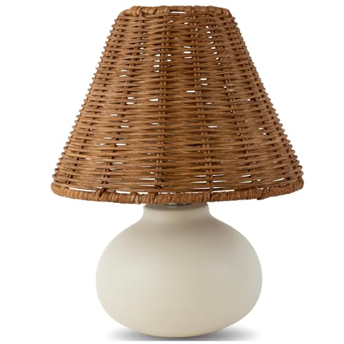 11" Small Table Lamp – Handmade Ceramic Cream Base with Wicker Rattan Shade, Dimmable Plug-in Nightstand Light for Bedroom, Kitchen Counter, or Small Spaces – Boho Japandi Organic Decor - color: Natural Woven Rattan Shade