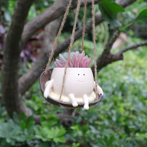 bestbear Hanging Swing Chair Planter Pot Resin Smiley Face Planter for Indoor Outdoor Plant Cute Head Flower Pots for String of Pearls Plant Live Unique IdeaI for Mother Day, Christmas (Small) - size: Small