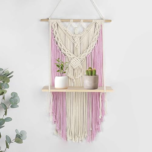 HVEST Pink Macrame Wall Hanging Shelf Boho Wall Decor Floating Storage Book Shelf Pink and Beige Handmade Woven Tapestry for Bedroom Living Room Dorm Nursery Bathroom Wall Art Macrame Plant Hanger - color: Pink Beige