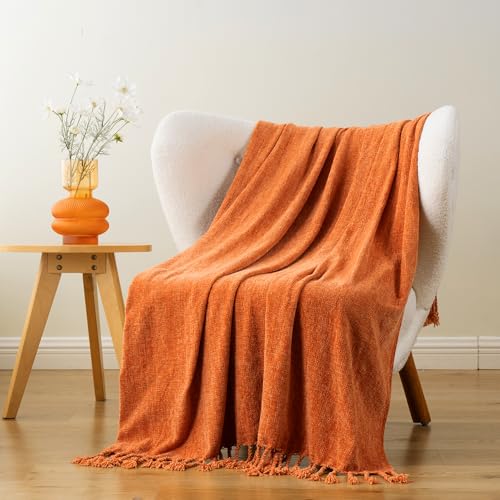 BATTILO HOME Burnt Orange Chenille Throw Blanket for Couch, Soft Cozy Knitted Fall Throw with Tassels, Lightweight Throw Blanket for Fall Decor Bed Sofa Living Room, 50"x60" - color: Orange
