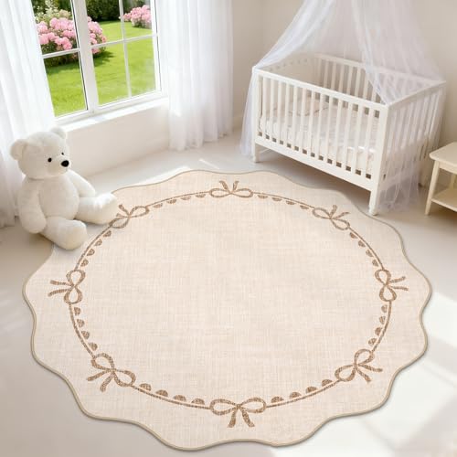 GarveeHome Scalloped Bow Rug for Living Room, 4ft Round Rugs Washable Solid Beige Rug for Dorm Soft Low Pile Non Slip Scalloped Rugs for Nursery Bedroom Decor Kids Room Playroom - color: Beige, size: 4' (Round)