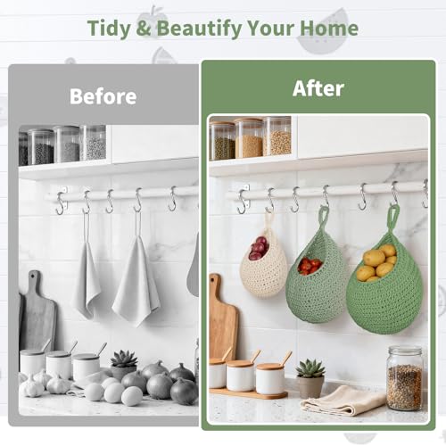 3 Pack Boho Decor Hanging Friut Baskets for Kitchen, Hand-woven Cotton Wall Baskets with Hooks 3 Sizes, Hanging Holder Teardrop Produce Basket for Fruit Vegetable Potato Onion Storage, Beige & Green - color: Beige+LightGreen+DarkGreen, size: 3 Pack