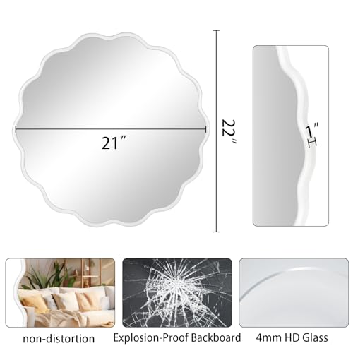 White Round Wavy Mirror for Wall 22 inch Nursery Mirror Decorative Metal Circle Mirrors Scalloped White Hanging Mirror for Bathroom,Bedroom, Dresser, Living Room,Entryway - size: 22"L x 22"W