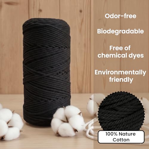 109 Yards Macrame Cord 4 Strand Twisted Recycled Cotton 4mm Black String for Crafts Wall Hangings Plant Hangers DIY Knitting Macrame Supplies - color: Black, size: 4mmx109Yards