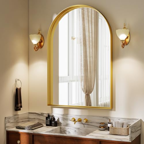 26" x 38" Luxury Arched Bathroom Mirror - Arch Wall Mirror with Shatterproof Tempered Glass and Metal Deep Frame, Hanging or Leaning for Living Room, Dresser, Entrance and Hallway, Gold - color: Gold, size: 38"L x 26"W
