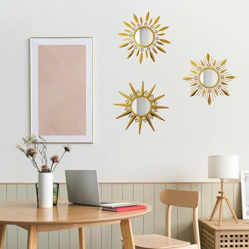 Champagne Gold Round Mirrors for Wall Art Pack of 3, Decorative Mirror Wall Valentine Decor& Vintage Room Decor, Sunburst Circle Mirrors Modern Valentine Gifts for Women & Moms - color: Golden- a