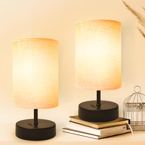 DEGNJU Small Table Lamp, Minimalist with Flaxen Shade, 9 Inch Design for Bedroom & Dorm Room, 2 Pack - color: Round-Flaxen-9 Inch, size: 2 Pack