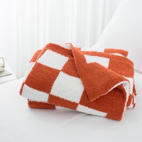 Carriediosa Checkered Throw Blanket 60" X 80" Twin, 400GSM Ultra Soft Microfiber Fuzzy Fluffy Reversible Cute Preppy Knitted Blankets Cozy Plush Fall Throws for Couch, Bed, Sofa, Rust - color: Check - Rust, size: 60" X 80"
