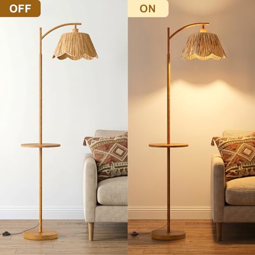 Oneach 63.5" Floor Lamp with Table for Living Room, Boho Rattan Standing Lamps with Foot Switch, Farmhouse Floor Lamp for Bedroom, Arc Tall Lamp with Metal Base&Pole, Bulb not Included, Woodgrain - color: Woodgrain