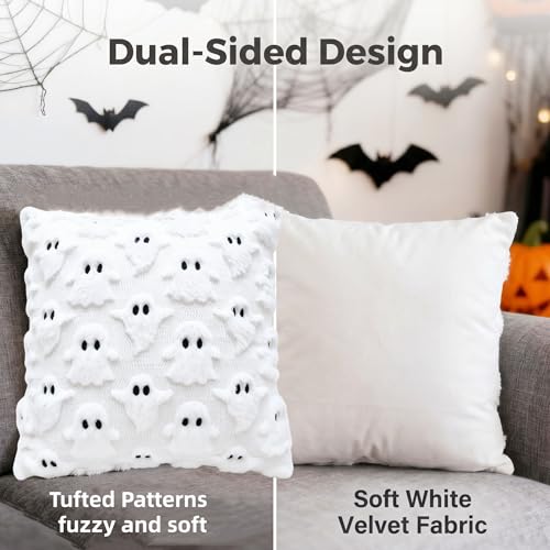 White Ghost Halloween Throw Pillow Covers 18x18 in Set of 2, Tufted Embroidered Plush Cushion Covers for Couch Sofa Holiday Decor - color: White Ghost