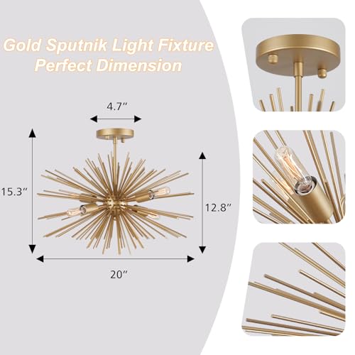 Modern Sputnik Chandelier Ceiling Light Fixture,4-Light Gold Semi Flush Mount Ceiling Light,20in Solid Metal Starburst Satellite Urchin Chandelier for Entry Dining Room Bedroom Kitchen Foyer - color: Gold 20" 4-Light