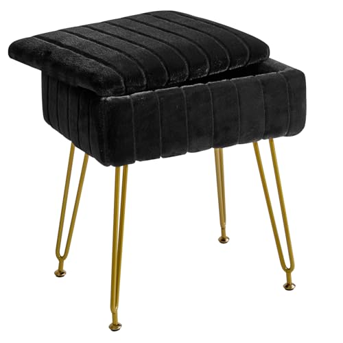 IBUYKE Stool Chair with Storage Space, Footrest Footstool Ottoman, Small Side Table, with 4 Metal Legs, with Anti-Slip Feet, for Makeup Room, Bedroom, Black, Faux Fur LG-50B - color: Black, size: 15.8"D x 11.8"W x 18.9"H