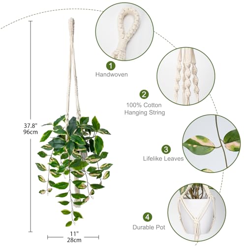 Briful Artificial Hanging Plant Indoor, Macrame Plant Hanger with Fake Pothos Plant in White Pot, Faux Hanging Plant for Home Ceiling Farmhouse Kitchen Decor - color: Pink Leaf