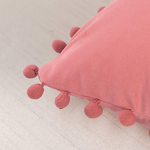 Elegant Comfort POM-POM Fringe Velvet Cushion Covers Set of 2, Velvet Soft Solid Decorative Square Throw Pillow Covers Set Cushion Case for Couch, Livingroom 18 x 18 Inch (45 x 45 cm), Dusty Rose Pink - color: Dusty Rose Pink, size: 18" x 18" (Pack of 2)