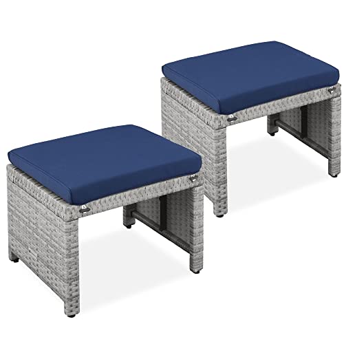 Best Choice Products Set of 2 Wicker Ottomans, Multipurpose Outdoor Furniture for Patio, Backyard, Additional Seating, Footrest, Side Table w/Removable Cushions, Steel Frame - Gray/Navy - color: Gray/Navy