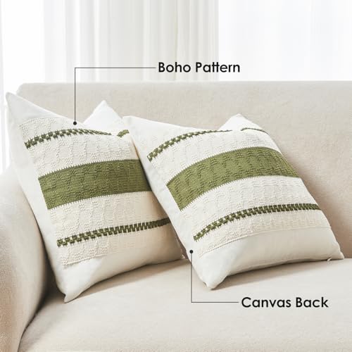 Throw Pillow Covers Set of 2 12x20 Inch Boho Pillow Covers, Soft Lumbar Neutral Cotton Olive Green Decorative Case for Couch Sofa Bed Living Room, Home Modern Woven Farmhouse Cute Decor - color: Olive Green, size: 20" x 12" (Pack of 2)