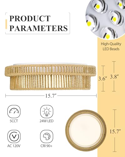 LED Rattan Ceiling Light, HWH Boho Light Fixtures Ceiling 22W, 15'' Handwoven Twine Cage Light Fixtures Close to Ceiling Light 5CCT, 5HYS78MF-LED - color: Beige, size: 16 Inch