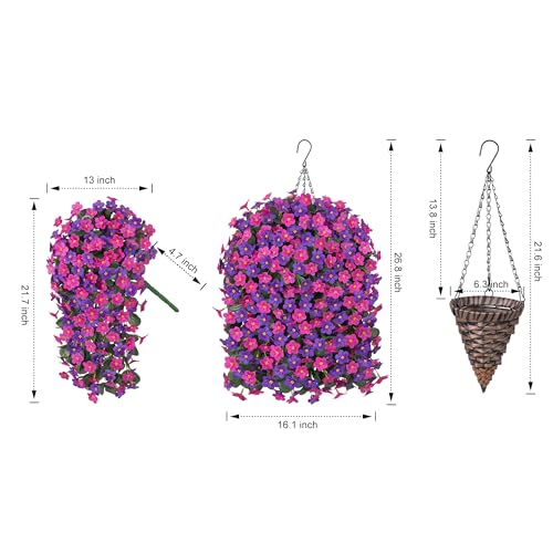 Artificial Flowers Baskets for Outdoor Decoration, Fake Hanging Plants Silk Dark Purple Fuchsia Daisy Mums Trailing Vines in Planter Realistic UV Resistant for Balcony Porch Decor - color: Fuchsia and Dark Purple