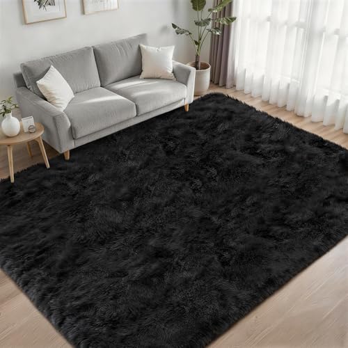 6x9 Area Rugs for Living Room Bedroom: Ultra Soft Fluffy Shag Rug Upgrade Non-Slip Non-Shedding Large Fuzzy Plush Carpet Indoor Floor Carpets for Kids Room Playroom Nursery Dorms Home Decor Black - color: Black, size: 6' x 9' (Rectangular)