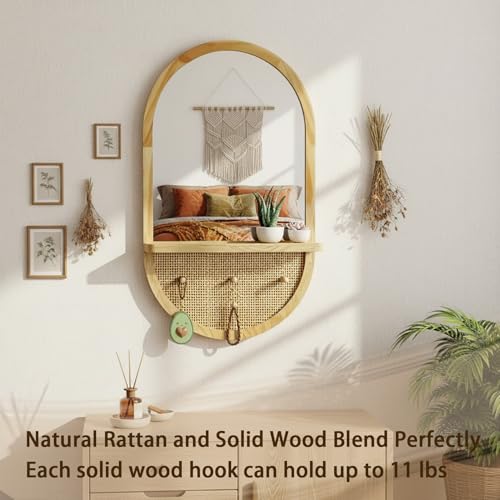 Wood Wall Mirror with Hooks and Shelf, 30x18 Inch, Oval | Boho Style, Removable Shelf, Solid Wood Framed, Handmade Rattan Decor, For Entryway, Bathroom, Nursery, Bedroom, Living Room