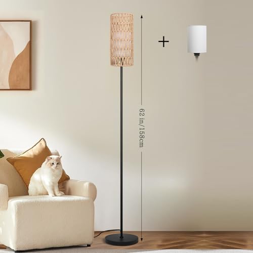 Ruiever Floor Lamp for Living Room,Farmhouse Floor lamp,Modern Standing lamp with Hand-Worked Rattan Shade (Double Shade-with Remote) - style: Double Shade-with Remote
