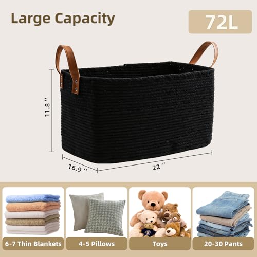 BOLDMONKEY 72L Laundry Basket with Leather Handles,Woven Cotton Rope Blanket Basket,Toy Bin for Baby Room,Laundry Hampers for Bedroom, Living Room,Bathroom,22"x17"x11.8" Black - color: Black, size: 72L