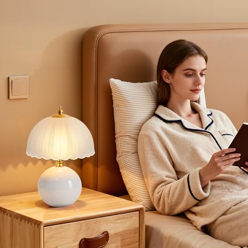PARTPHONER Mushroom Table Lamp, Ceramic Bedside Lamp with Glass Shade, 3-Way Lighting (2700K-5000K) Rocker Switch, Small Nightstand Lamp for Bedroom, Living Room, Office, White - color: White