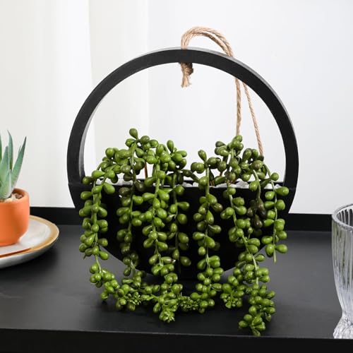 2 Pack Fake Plants Artificial Wall Hanging Plants, Boho Hanging Planter Fake Succulents Artificial String of Pearls in Black Wooden Pots with Lanyard for Home Office Wall Decoration - color: Black, size: 2 Pcs