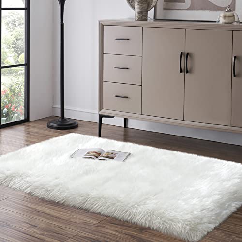 Faux Fur Rug, White Small Fluffy Rug for Sofa Chair Couch Cover 2x4 Feet, Ultra Soft Fuzzy Shag Rug for Bedroom, Indoor Shaggy Plush Floor Carpets Luxury Home Decor for Bedside - color: White, size: 4' x 2' (Rectangular)
