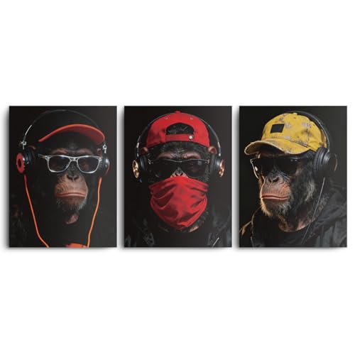3 Pcs Cool Monkeys with Bandanas & Caps Wall Art, Funny Monkeys Art Canvas Framed Prints for Bedroom Living Room Office Cafe Bar Wall Decor, Housewarming Gifts 11.5x15 Inch - color: Multi 1364