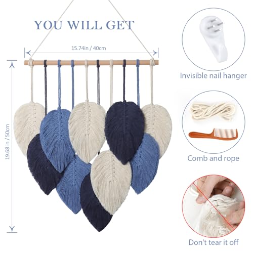 Weldomcor Macrame Wall Hanging Leaves Chic Woven Leaf Tassels Decoration Cotton Ornaments Tapestry Room Decor Modern Bohemian Handmade Feather Wall Art Decorations for Apartment Backdrop (Navy Blue) - color: Navy Blue