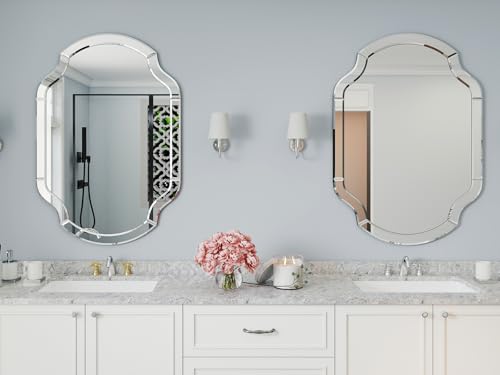 47" x 32" Large Wall Mirrors for Living Room, Modern Elegant Decorative Mirror with Beveled Glass Scalloped Corner, Horizontal or Vertical Hanging for Bathroom, Entryway, Dining Room - size: 47"L x 32"W