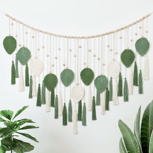 Betylifoy Large Macrame Wall Hanging Boho Handmade Woven Tapestry with Wood Beads Beige Green Chic Leaf Feather Boho Wall Art Decor Macrame Tapestry Wall Decor for Bedroom Living Room Nursery Apartment 51.2"W X 31.5"L - color: Green&Beige