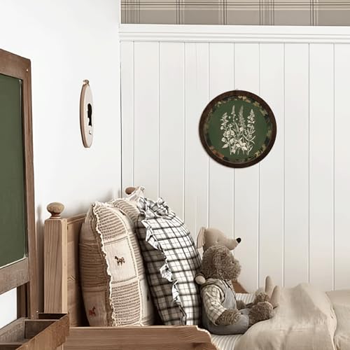 PeakClub Vintage Floral Wall Art, Green Botanical Round Wooden Print Hanging Decor for Kitchen Bathroom Home Bedroom, Cottage Antique Floral Decor 10x10 Inch - color: Floral - Vintage Green